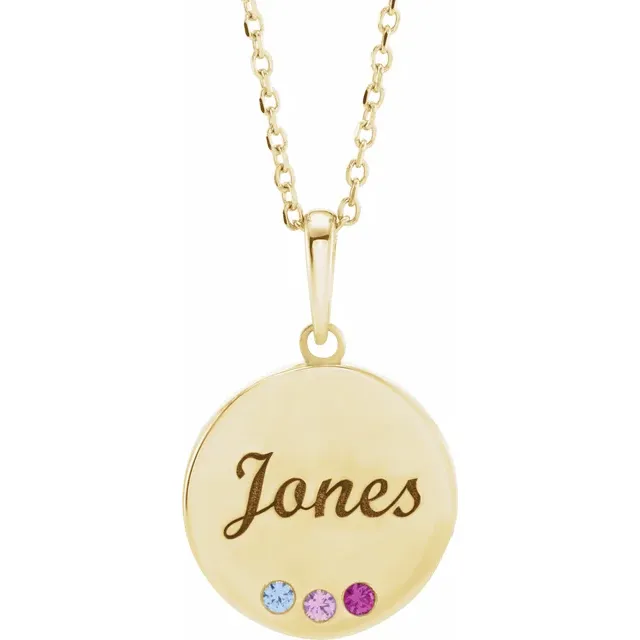 109858364 Engravable Family Disc Necklace, Round Shape Diamonds, 14k Yellow Gold