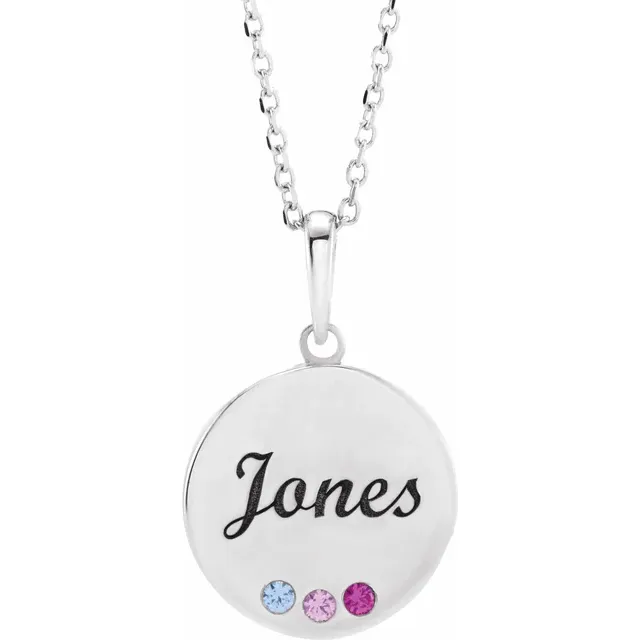 109858365 Engravable Family Disc Necklace, Round Shape Diamonds, 14k White Gold