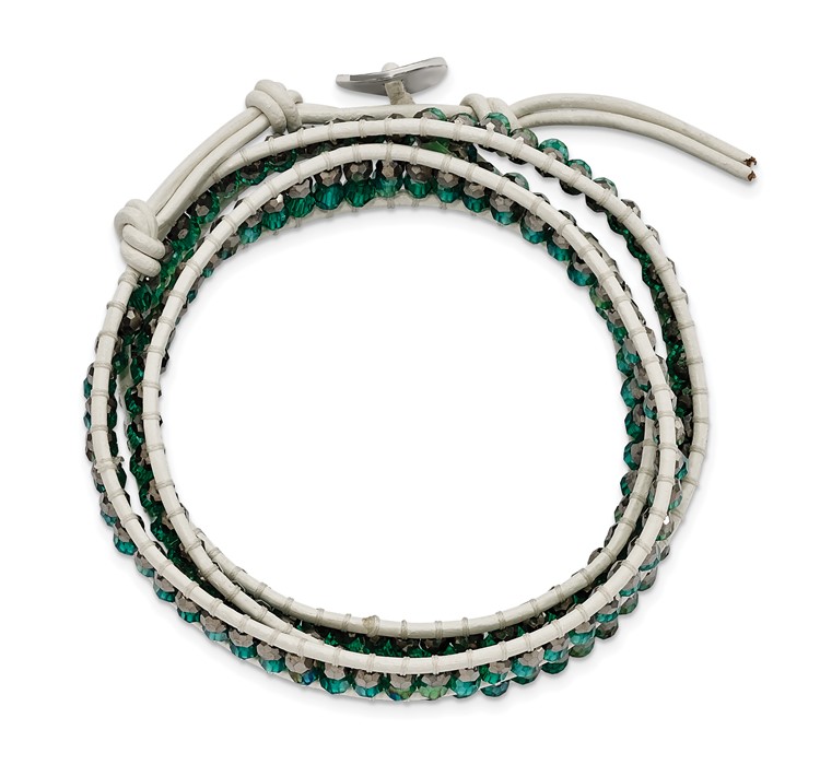 BF1625--4 Green Aurora Borealis/Grey Crystal Bead Leather Multi-wrap Bracelet