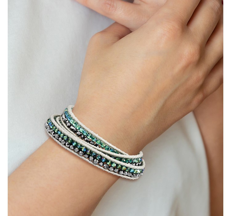 BF1625--6 Green Aurora Borealis/Grey Crystal Bead Leather Multi-wrap Bracelet