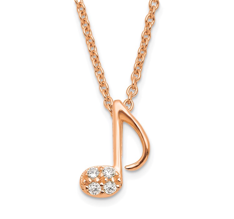 N1064OPCZ Sterling Silver Rose Gold-plated CZ Mini Music Note Pendant 16"+2" Necklace