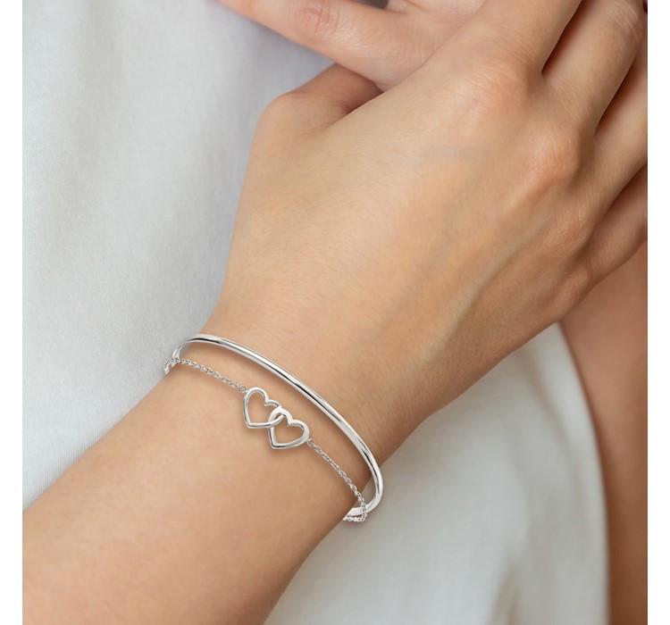 QB1437--6 Sterling Silver Polished Double Heart and Bangle