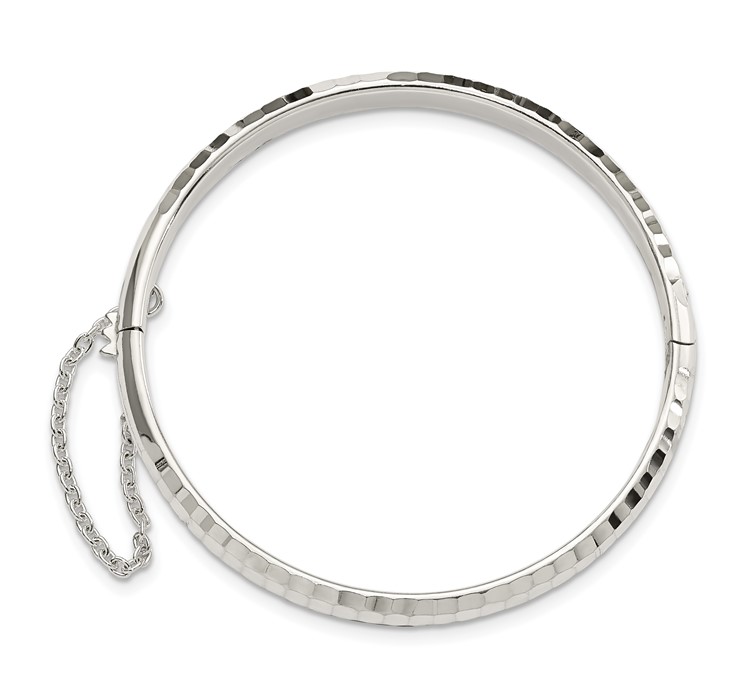 QB1449--2 Sterling Silver Rhodium-plated Polished and Diamond-cut 5mm with Safety Clasp Hinged Children's Bangle
