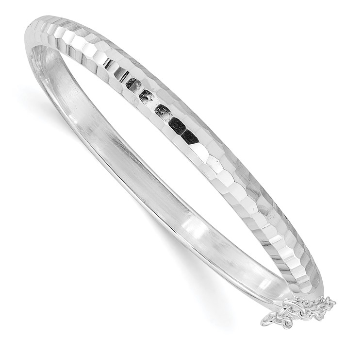 QB1449 Sterling Silver Rhodium-plated Polished and Diamond-cut 5mm with Safety Clasp Hinged Children's Bangle