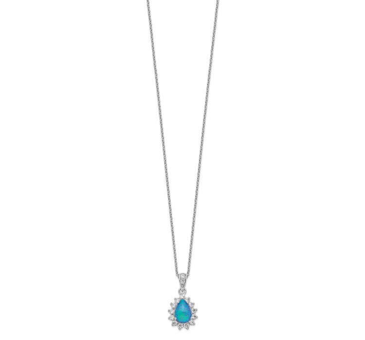 QCM1387-18.5--2 Cheryl M Sterling Silver Rhodium-plated Cabochon Lab Created Blue Opal and Brilliant-cut CZ Pear 18 Inch Necklace