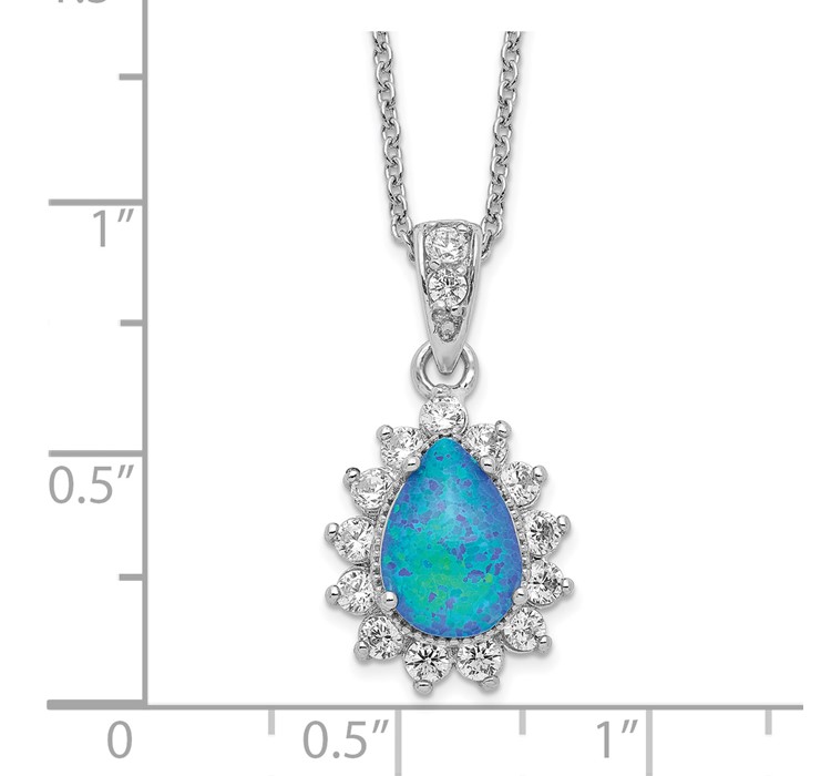 QCM1387-18.5--8 Cheryl M Sterling Silver Rhodium-plated Cabochon Lab Created Blue Opal and Brilliant-cut CZ Pear 18 Inch Necklace