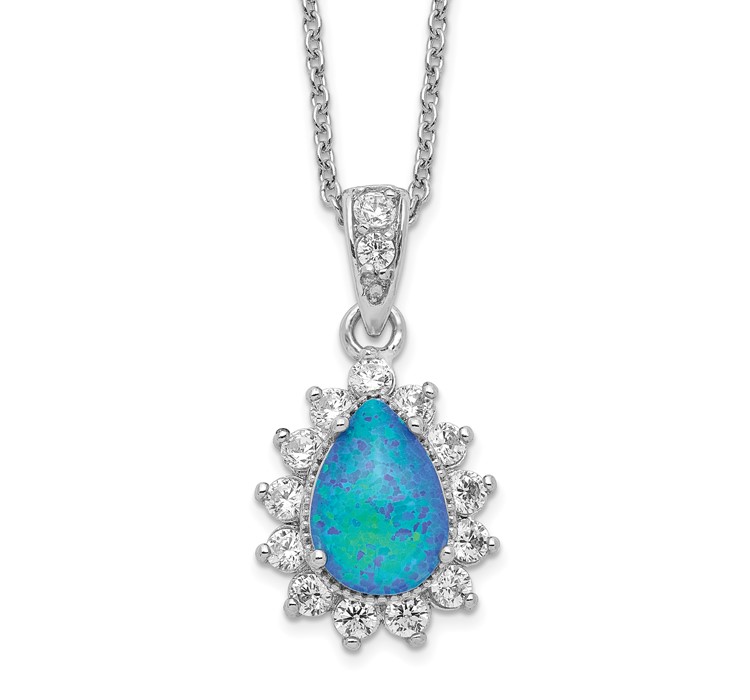 QCM1387-18.5 Cheryl M Sterling Silver Rhodium-plated Cabochon Lab Created Blue Opal and Brilliant-cut CZ Pear 18 Inch Necklace