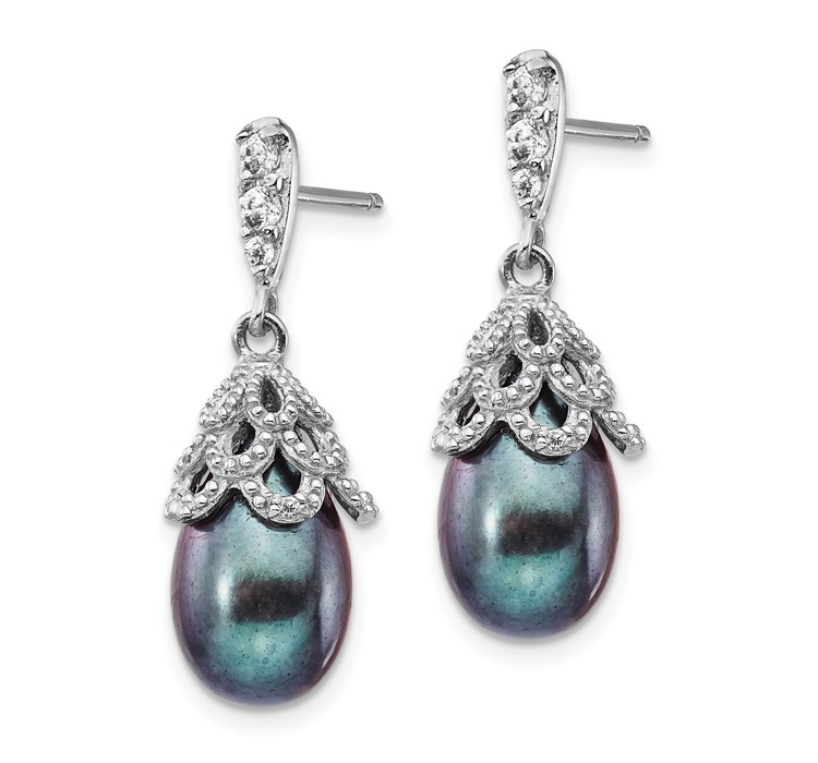 QCM1412--2 Cheryl M Sterling Silver Rhodium-plated Black Teardrop Freshwater Cultured Pearl and Brilliant-cut CZ Post Dangle Earrings