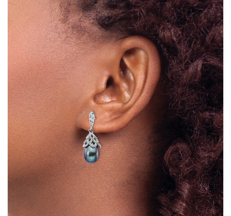 QCM1412--3 Cheryl M Sterling Silver Rhodium-plated Black Teardrop Freshwater Cultured Pearl and Brilliant-cut CZ Post Dangle Earrings