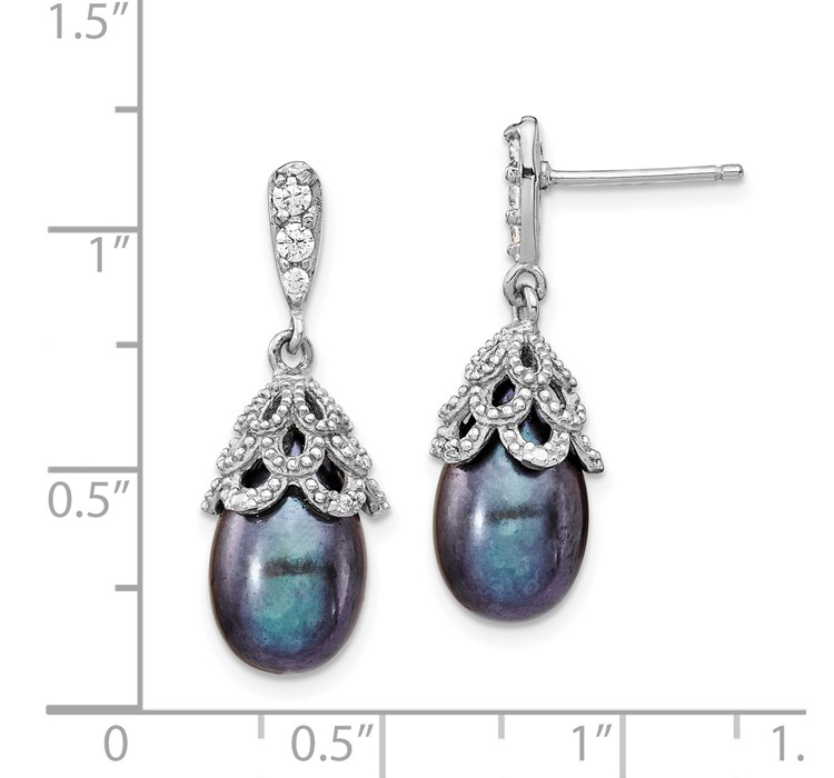 QCM1412--8 Cheryl M Sterling Silver Rhodium-plated Black Teardrop Freshwater Cultured Pearl and Brilliant-cut CZ Post Dangle Earrings