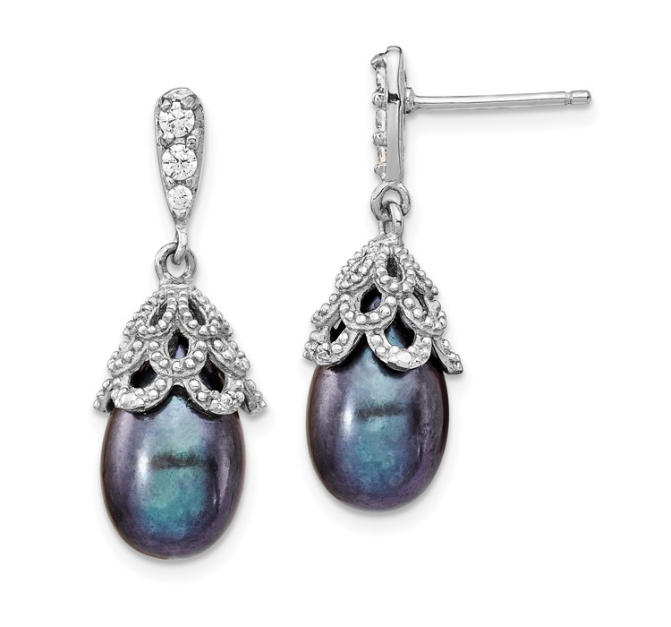 QCM1412 Cheryl M Sterling Silver Rhodium-plated Black Teardrop Freshwater Cultured Pearl and Brilliant-cut CZ Post Dangle Earrings