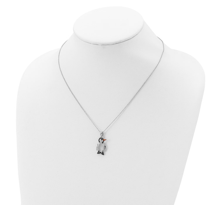 QCM596-18--4 Cheryl M Sterling Silver Rhodium-plated with Black Rhodium Accent Enameled Brilliant-cut Black and White CZ Penguin 18 Inch Necklace