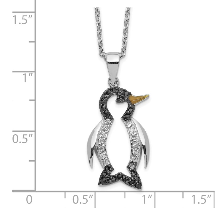 QCM596-18--8 Cheryl M Sterling Silver Rhodium-plated with Black Rhodium Accent Enameled Brilliant-cut Black and White CZ Penguin 18 Inch Necklace