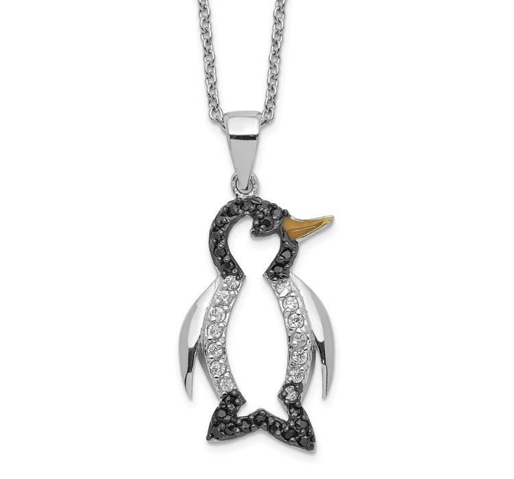 QCM596-18 Cheryl M Sterling Silver Rhodium-plated with Black Rhodium Accent Enameled Brilliant-cut Black and White CZ Penguin 18 Inch Necklace