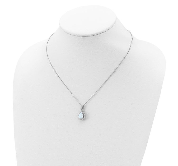 QCM784-18--4 Cheryl M Sterling Silver Rhodium-plated Cabochon Lab Created Opal and Brilliant-cut CZ Teardrop Halo 18 Inch Necklace