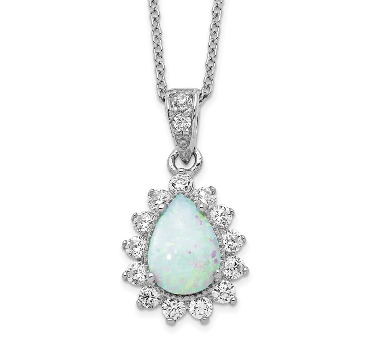 QCM784-18 Cheryl M Sterling Silver Rhodium-plated Cabochon Lab Created Opal and Brilliant-cut CZ Teardrop Halo 18 Inch Necklace