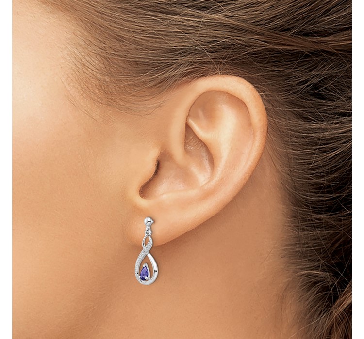 QDX983--3 Sterling Silver Rhodium-plated Tanzanite and Diamond Earrings