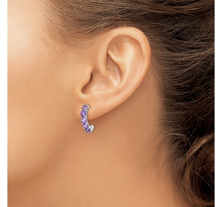 QE12615AM--3 Sterling Silver Rhodium-plated Amethyst J-Hoop Earrings