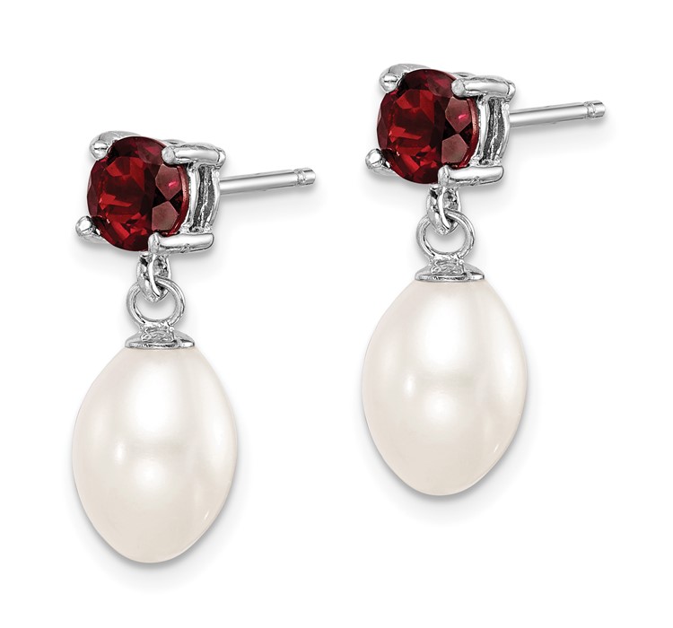 QE12791--2 Sterling Silver Rhodium Plated Garnet and 7-8mm Freshwater Cultured Pearl Teardrop Dangle Post Earrings