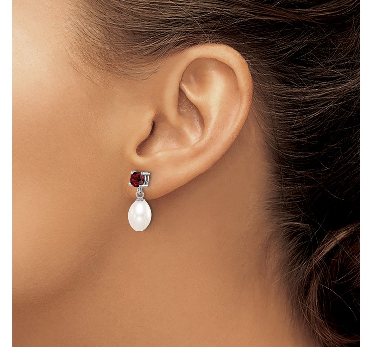 QE12791--3 Sterling Silver Rhodium Plated Garnet and 7-8mm Freshwater Cultured Pearl Teardrop Dangle Post Earrings