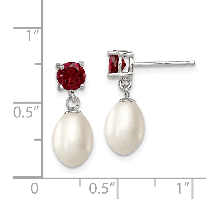 QE12791--8 Sterling Silver Rhodium Plated Garnet and 7-8mm Freshwater Cultured Pearl Teardrop Dangle Post Earrings