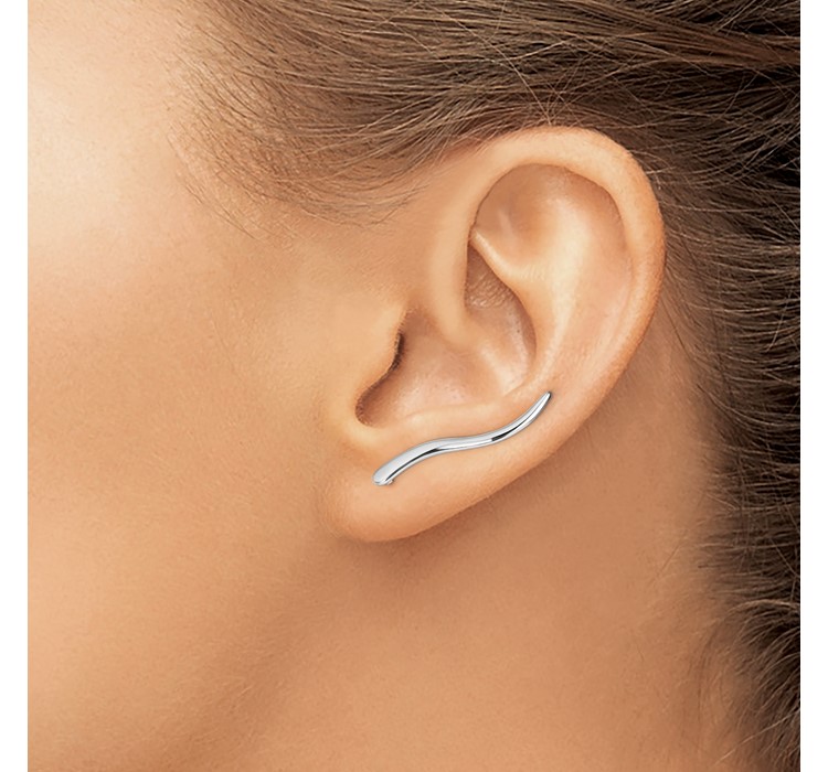 QE13610--3 Sterling Silver Rhodium-plated Polished Curved Line Ear Climber Earrings
