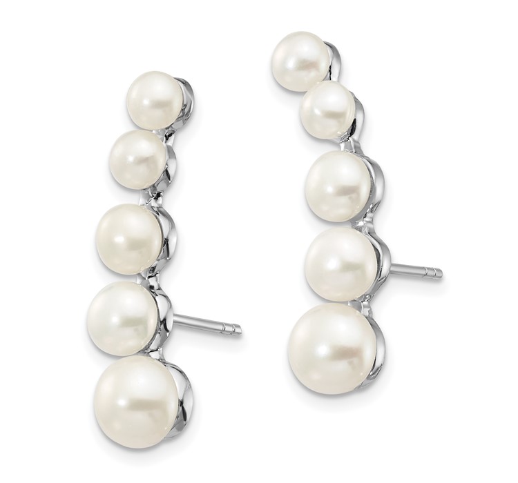 QE13885--2 Sterling Silver Rhodium-plated Polished White 4-6mm Button Freshwater Cultured Pearl Post Ear Climber Earrings