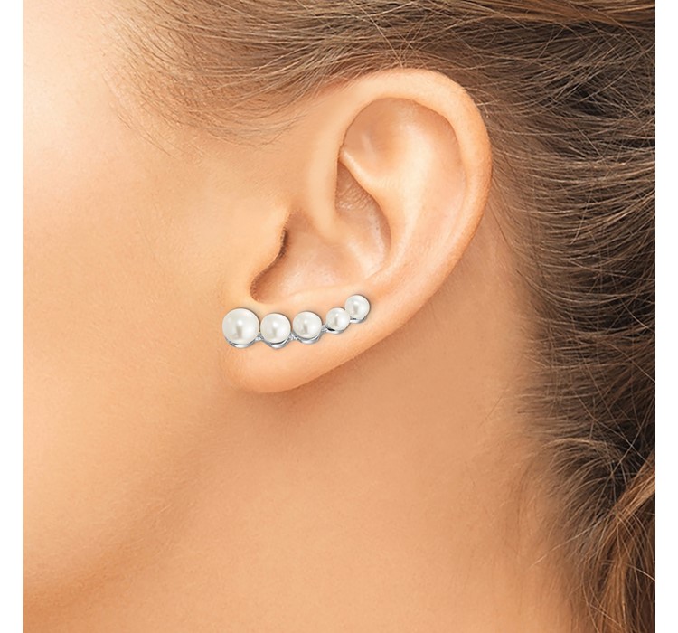 QE13885--3 Sterling Silver Rhodium-plated Polished White 4-6mm Button Freshwater Cultured Pearl Post Ear Climber Earrings