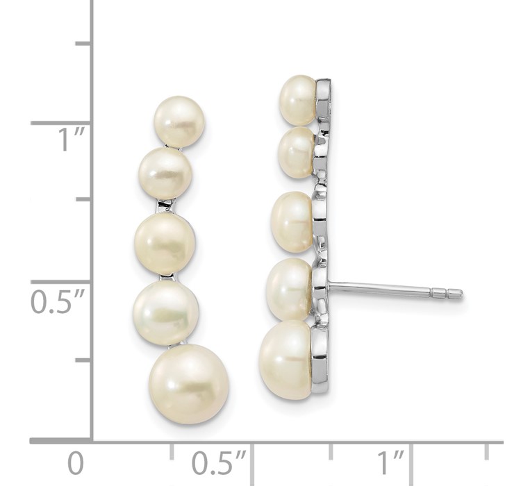 QE13885--8 Sterling Silver Rhodium-plated Polished White 4-6mm Button Freshwater Cultured Pearl Post Ear Climber Earrings