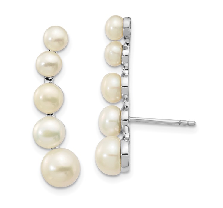 QE13885 Sterling Silver Rhodium-plated Polished White 4-6mm Button Freshwater Cultured Pearl Post Ear Climber Earrings