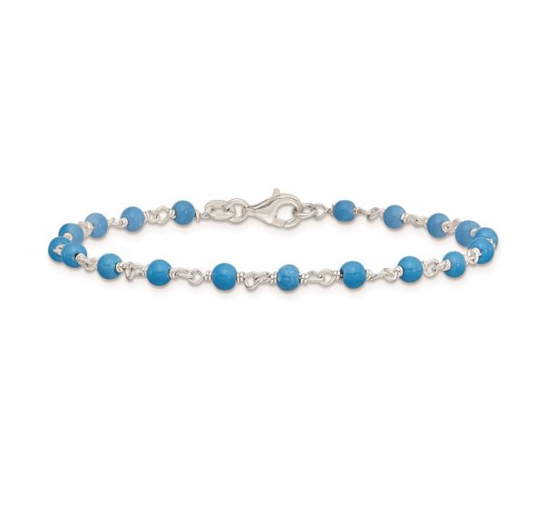 Sterling Silver Genuine Turquoise Bead Polished Bracelet