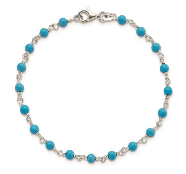 Sterling Silver Genuine Turquoise Bead Polished Bracelet