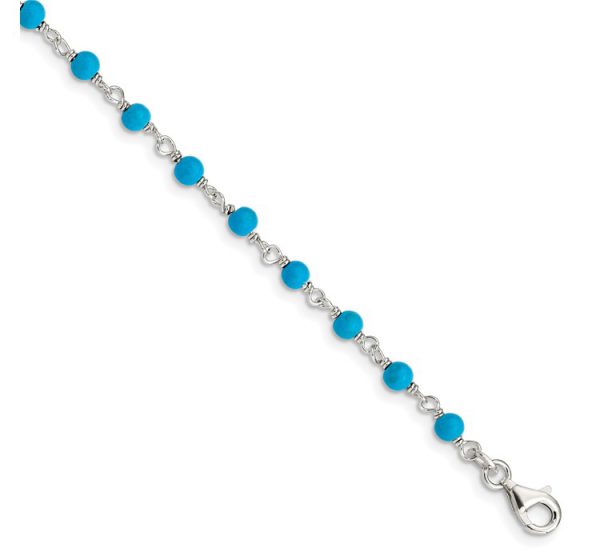 Sterling Silver Genuine Turquoise Bead Polished Bracelet