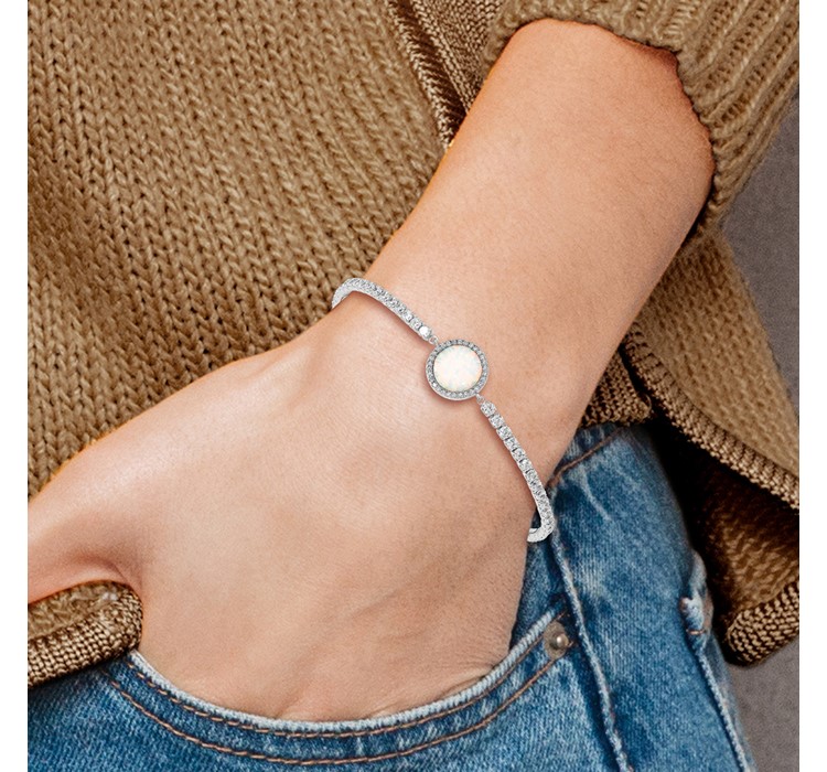 QG4774--6 Sterling Silver RH-plated Created Opal and CZ Adjustable Bracelet