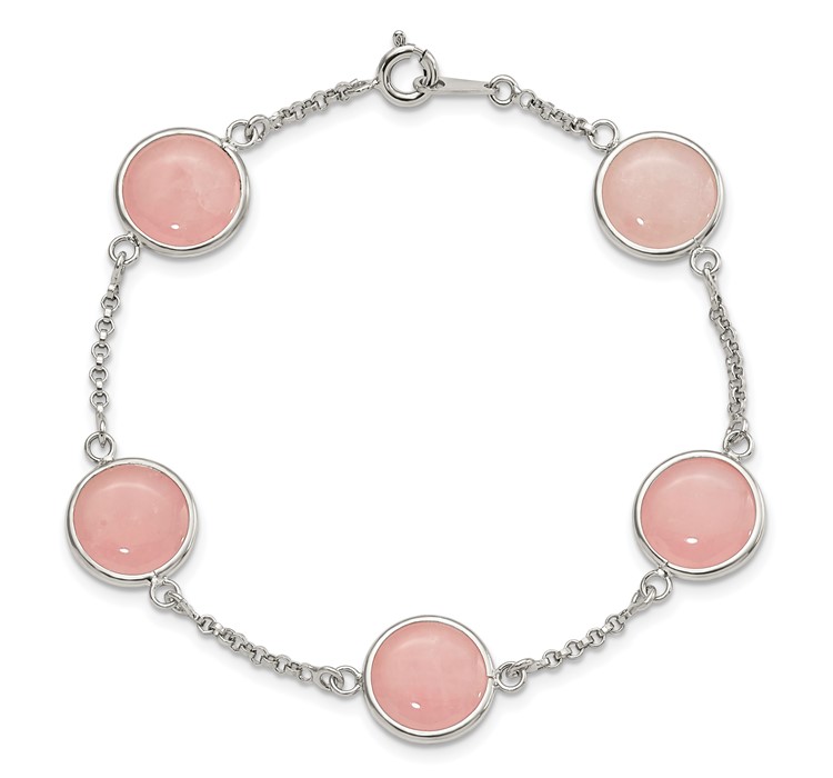 QG5933-7.5--4 Sterling Silver Polished Rose Quartz 7.5in Bracelet