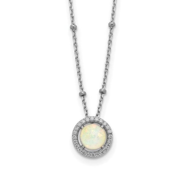 Sterling Silver RH-plated White Created Opal CZ Beaded with 2 in ext. Necklace