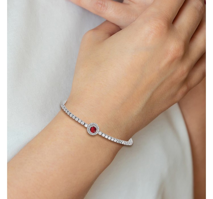 QG6251--6 Sterling Silver Rhodium-plated CZ and Red Glass Adjustable Bracelet