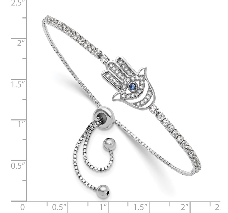 QG6390--8 Sterling Silver Rh-plated Clear and Blue CZ Evil Eye Hamsa Adj Bracelet