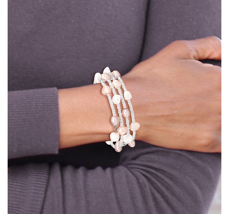 QH5345--6 6-7mm Multicolored Baroque Freshwater Cultured Pearl and Glass Beaded Wrap Bracelet