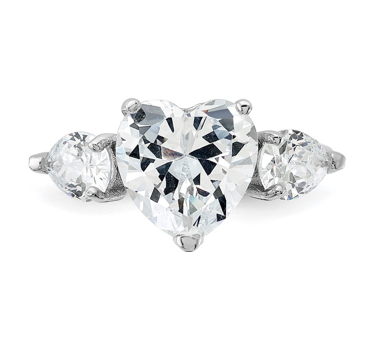 QR2056--4 Sterling Silver Rhodium-plated Heart Shape Center CZ 3-Stone Ring