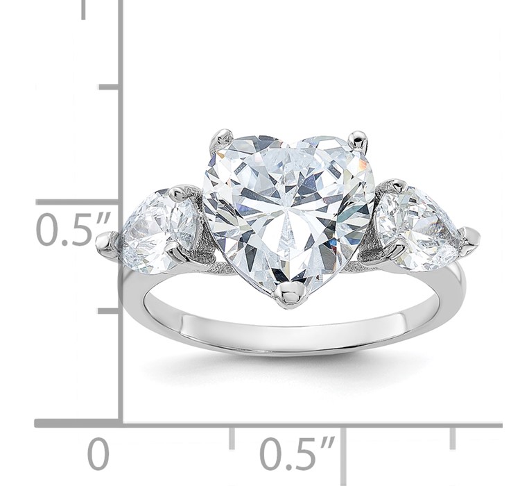 QR2056--8 Sterling Silver Rhodium-plated Heart Shape Center CZ 3-Stone Ring
