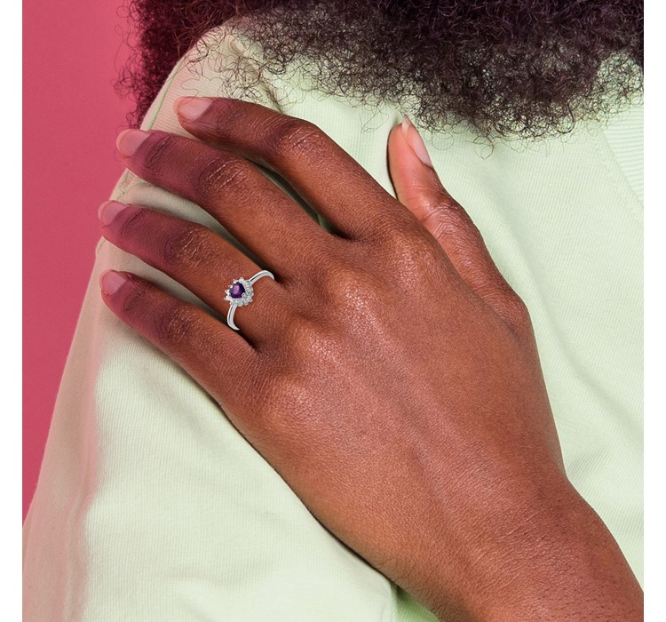 QR660--11 Sterling Silver Rhodium-plated Amethyst and CZ Heart Ring