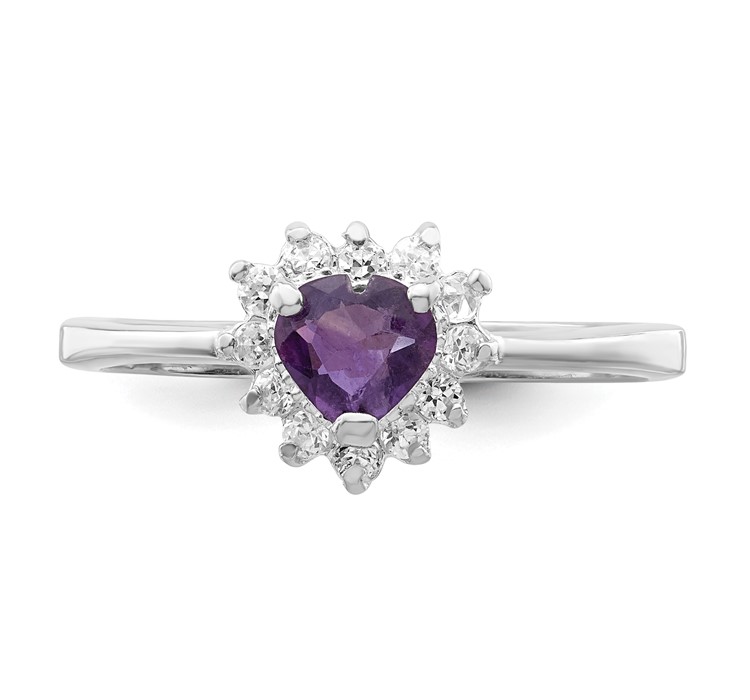 QR660--4 Sterling Silver Rhodium-plated Amethyst and CZ Heart Ring
