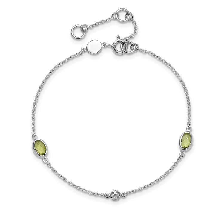 QW368PE-7.5--4 SS RH Plated White Ice Diamond and Peridot with 1.25 IN Ext Bracelet