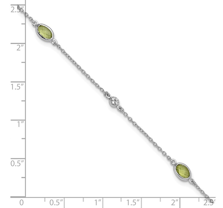 QW368PE-7.5--8 SS RH Plated White Ice Diamond and Peridot with 1.25 IN Ext Bracelet