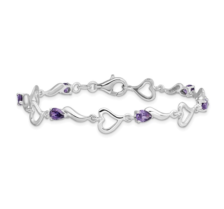 QX809AM--3 Sterling Silver Rhodium-plated Amethyst Polished Fancy Heart Bracelet