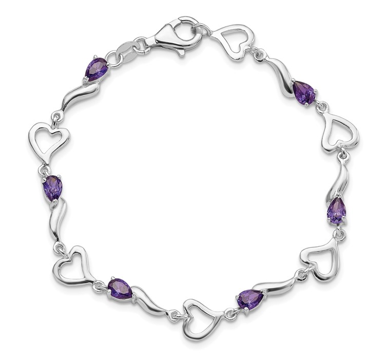 QX809AM--4 Sterling Silver Rhodium-plated Amethyst Polished Fancy Heart Bracelet