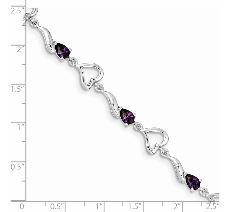 QX809AM--8 Sterling Silver Rhodium-plated Amethyst Polished Fancy Heart Bracelet