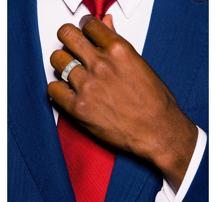 SR495--11 Stainless Steel Polished and Textured Criss Cross Design 6mm Band