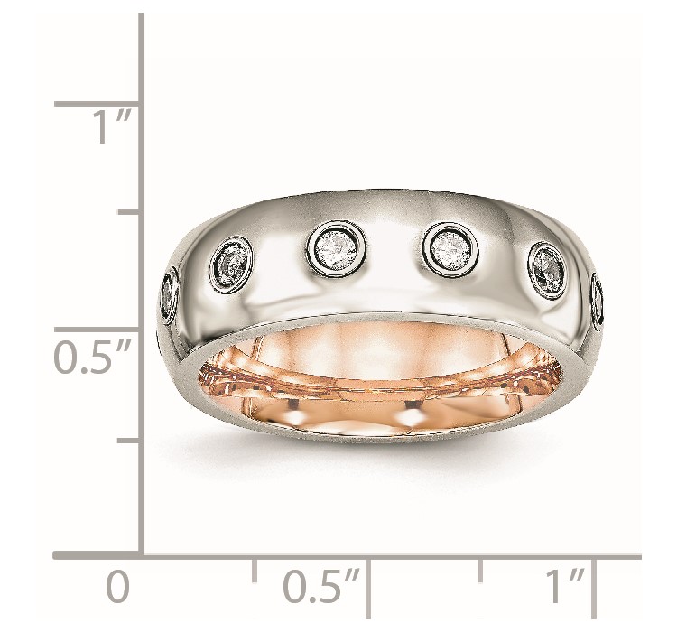 SR575--8 Chisel Stainless Steel Polished Rose IP-plated Inside with CZ Half Round 7mm Band